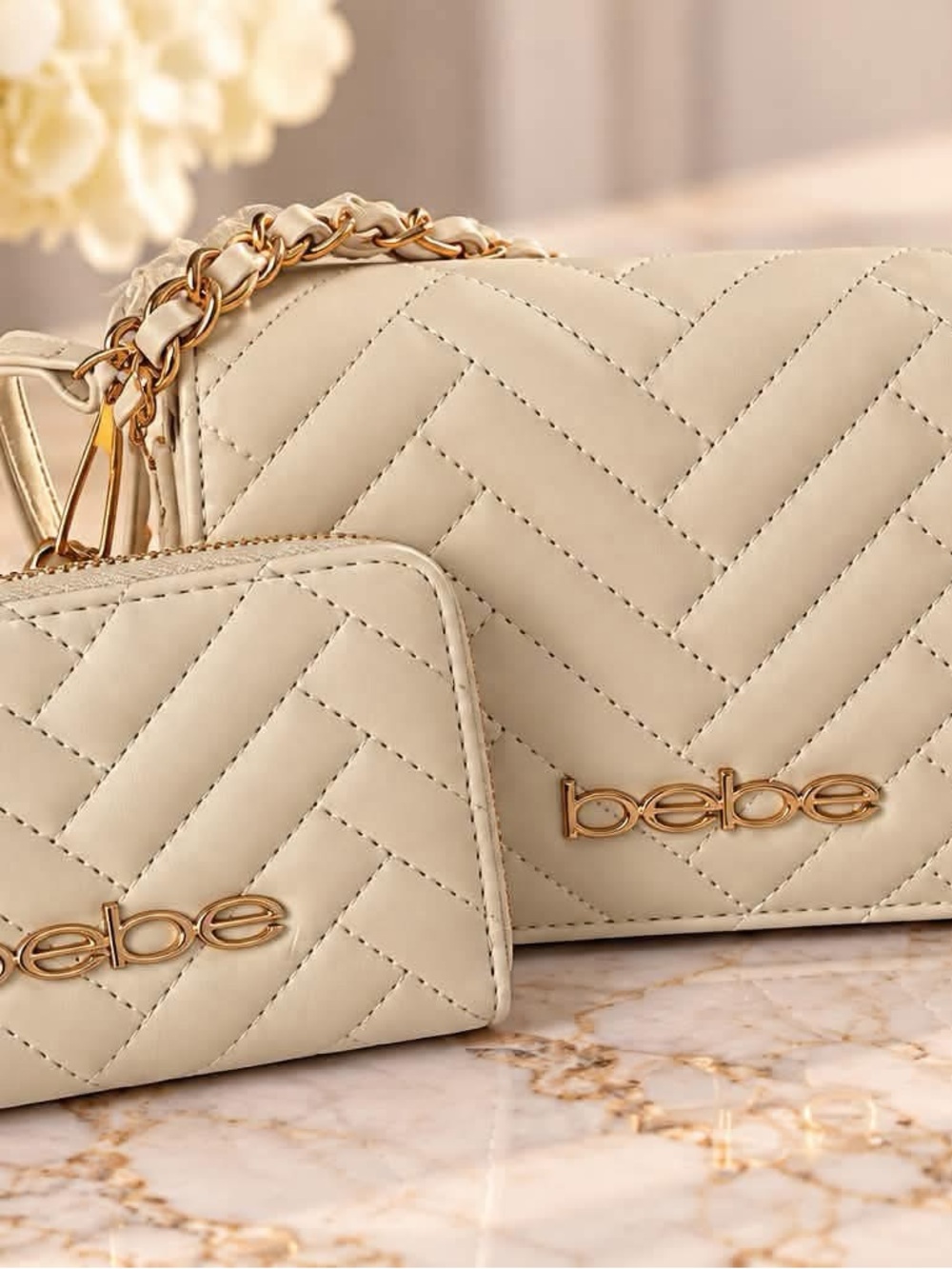 bebe Quilted Cream Crossbody Bag with Gold Chain Accent